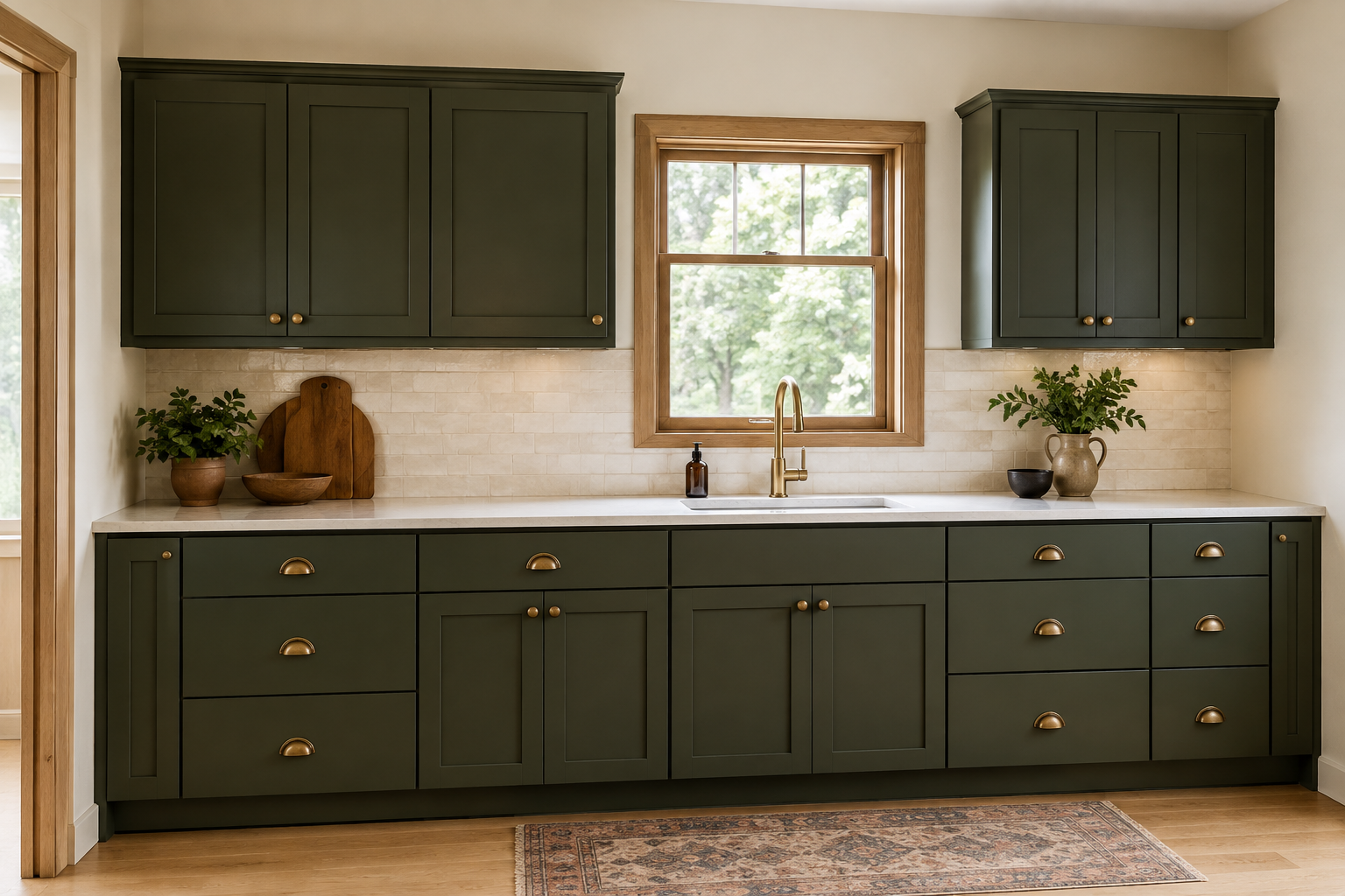 Slightly off-center kitchen window above an intentional asymmetrical arrangement of functional base drawers, sink cabinet, and fillers.