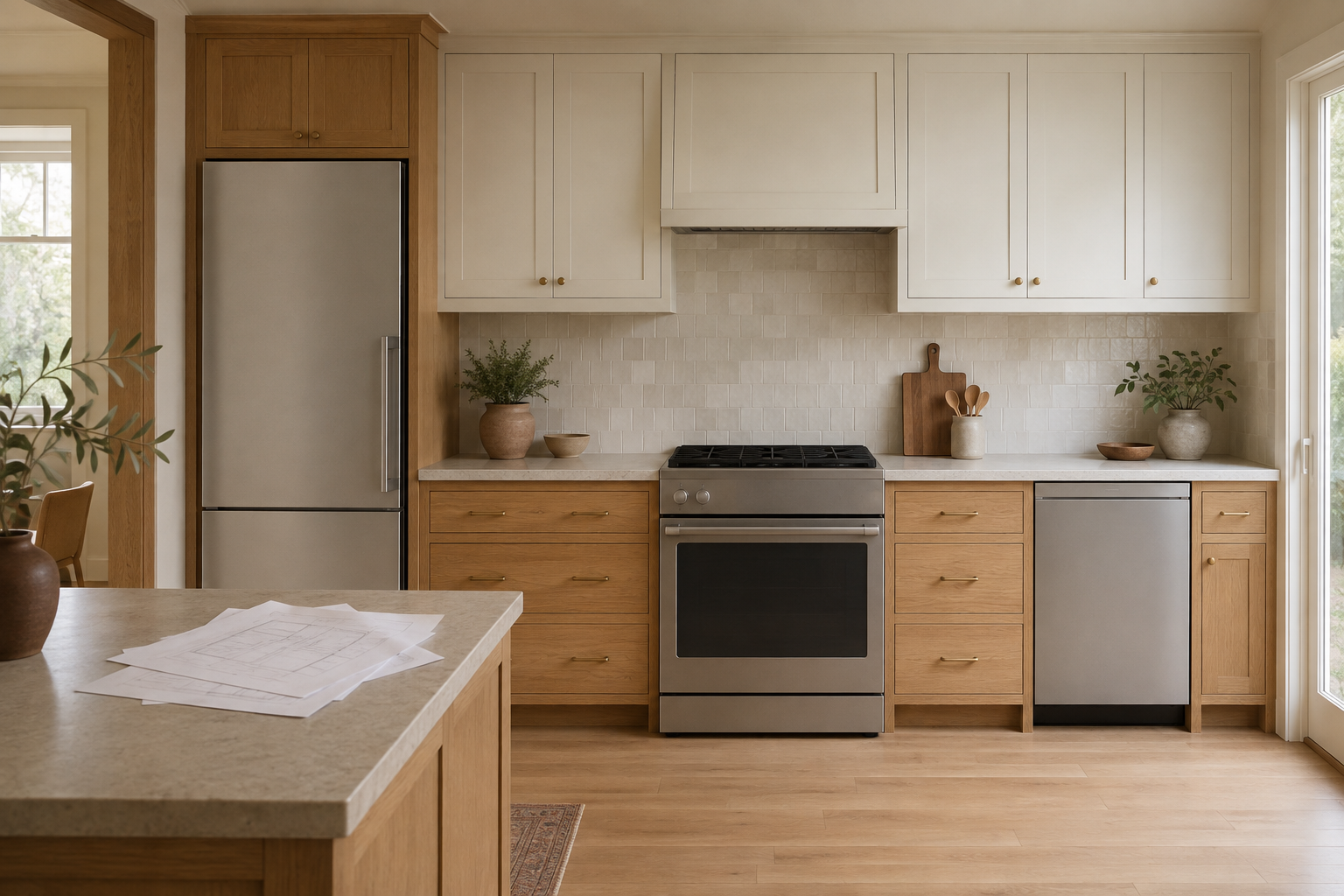 Unbranded refrigerator, range, and dishwasher fitted into deliberate cabinet openings with blank specification sheets nearby.