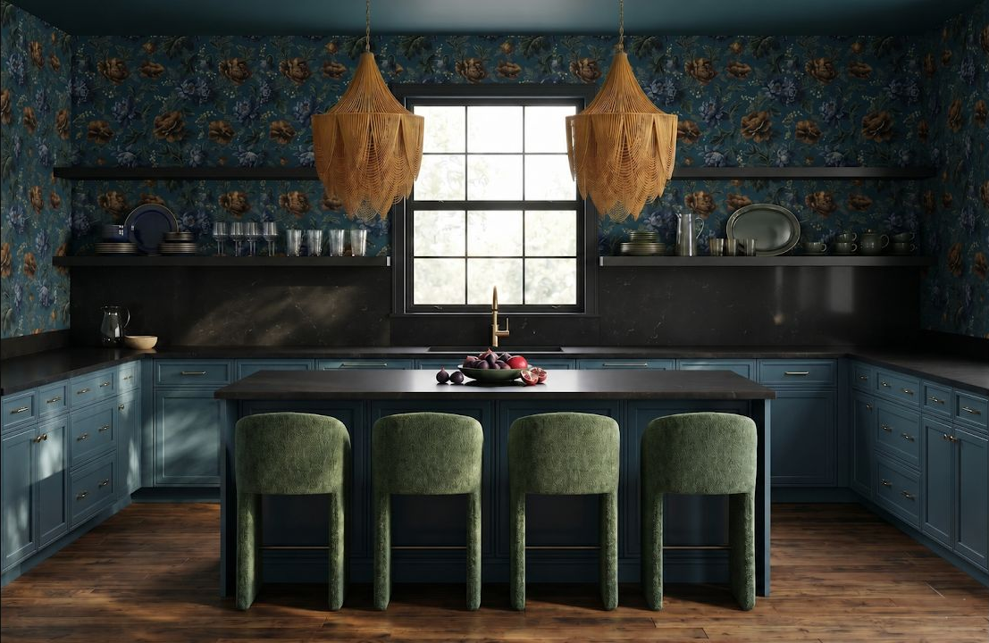 Concept image of a moody blue kitchen with a dark ceiling and walls, woven pendant lights, and a large window.