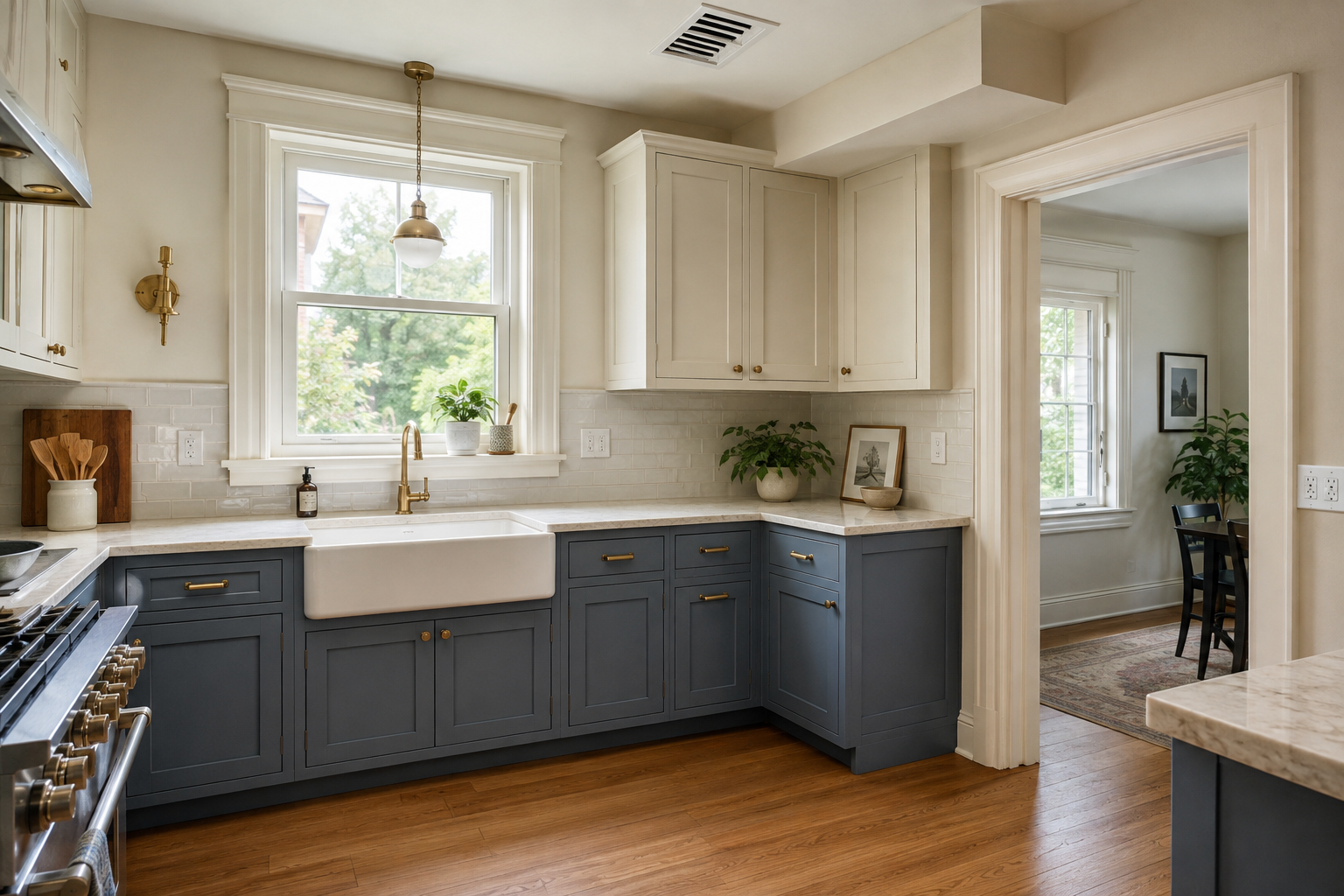 Concept image of a blue and ivory kitchen where a trimmed window, soffit, ceiling vent, outlets, sink, and doorway affect the cabinet plan.
