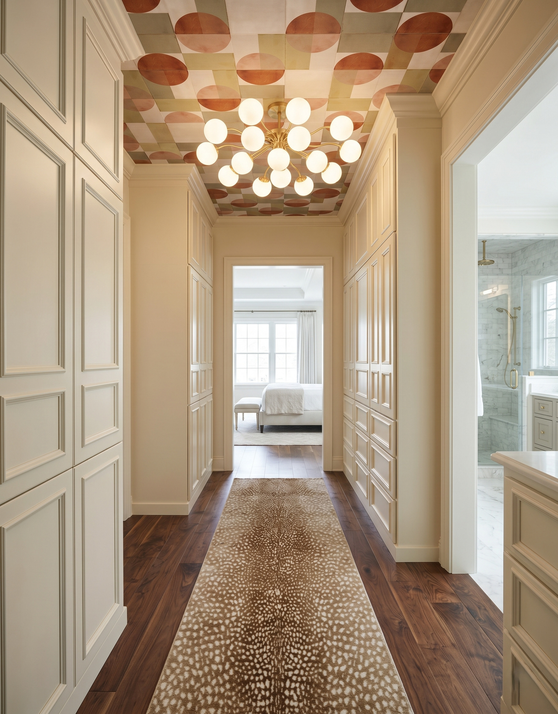 Tan-and-brown spotted runner between cream panelled wardrobe cabinets, with warm wood flooring and a large terracotta-and-olive geometric ceiling pattern.