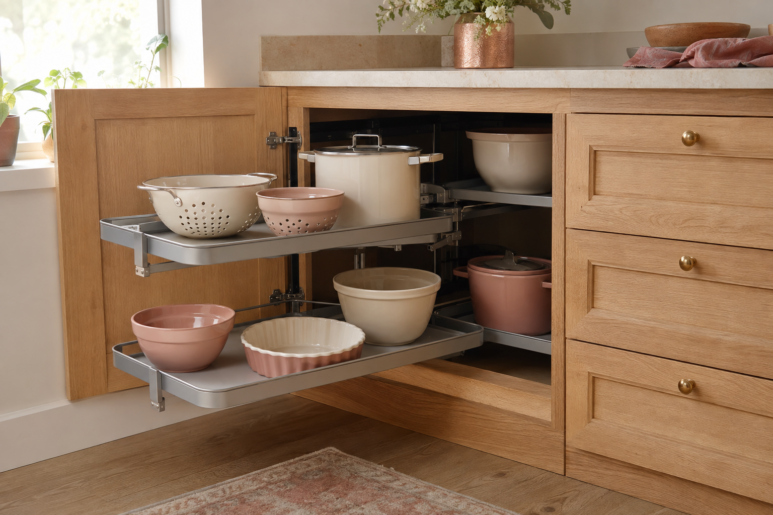 Blind-corner cabinet with a two-stage metal pullout extended and filled with plain cookware.