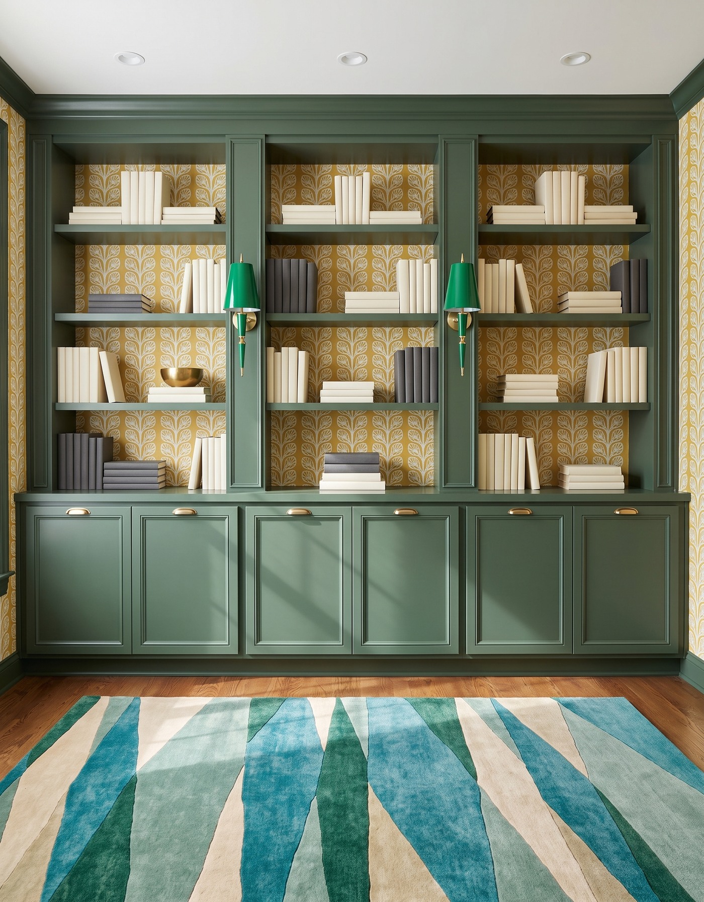 Library with sage green framed cabinets, mustard-and-ivory leafy wallpaper, warm wood floor, teal-and-cream angular rug, green tapered sconces and charcoal-and-ivory books.