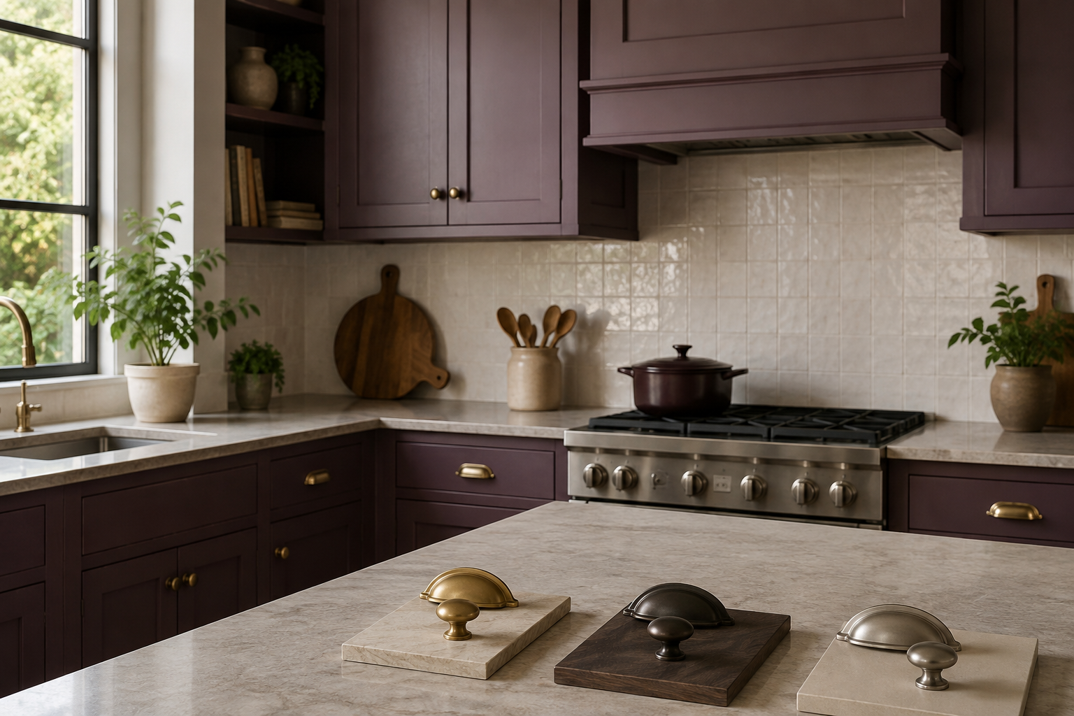 Plum kitchen with aged brass, dark bronze, and satin nickel hardware samples on the counter.